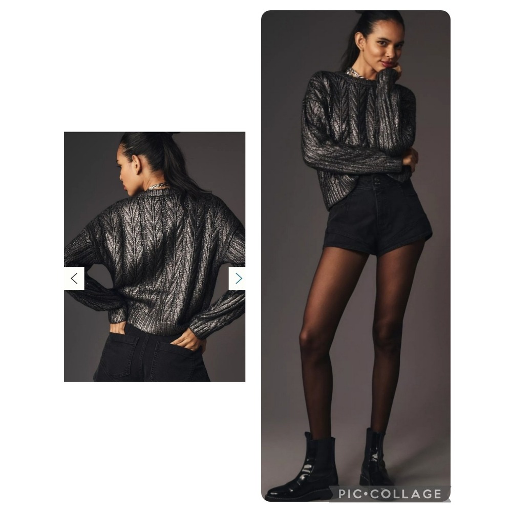 Anthropologie Metallic Cable Knit Sweater M Women Oversized Crop Chunky Cozy